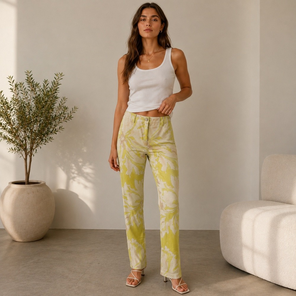 Marc Cain Floral Knit Pants Womens N4 Chartreuse Beige Art To Wear Straight Leg